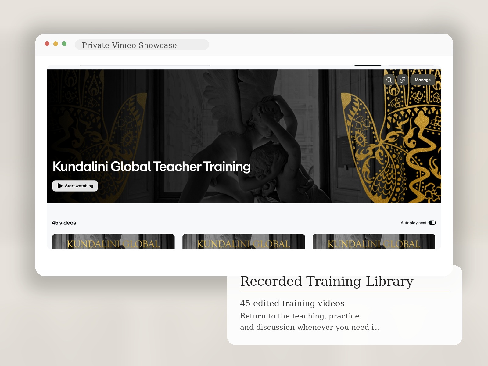 Private Vimeo showcase for Kundalini Global Teacher Training, showing 45 recorded training videos available to students.